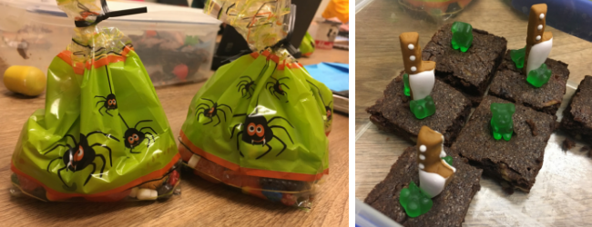 Halloween-themed cellophane bags of candy, and chocolate brownies with green gummy bears on top.